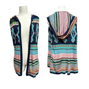Say What? Long Southwestern Duster Hooded Sweater Vest Women Size‎ M Made In USA